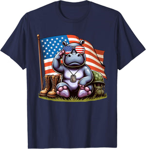 Salute Hippo American USA Flag Memorial Day 4th of July T-Shirt - T-Shirt | Navy