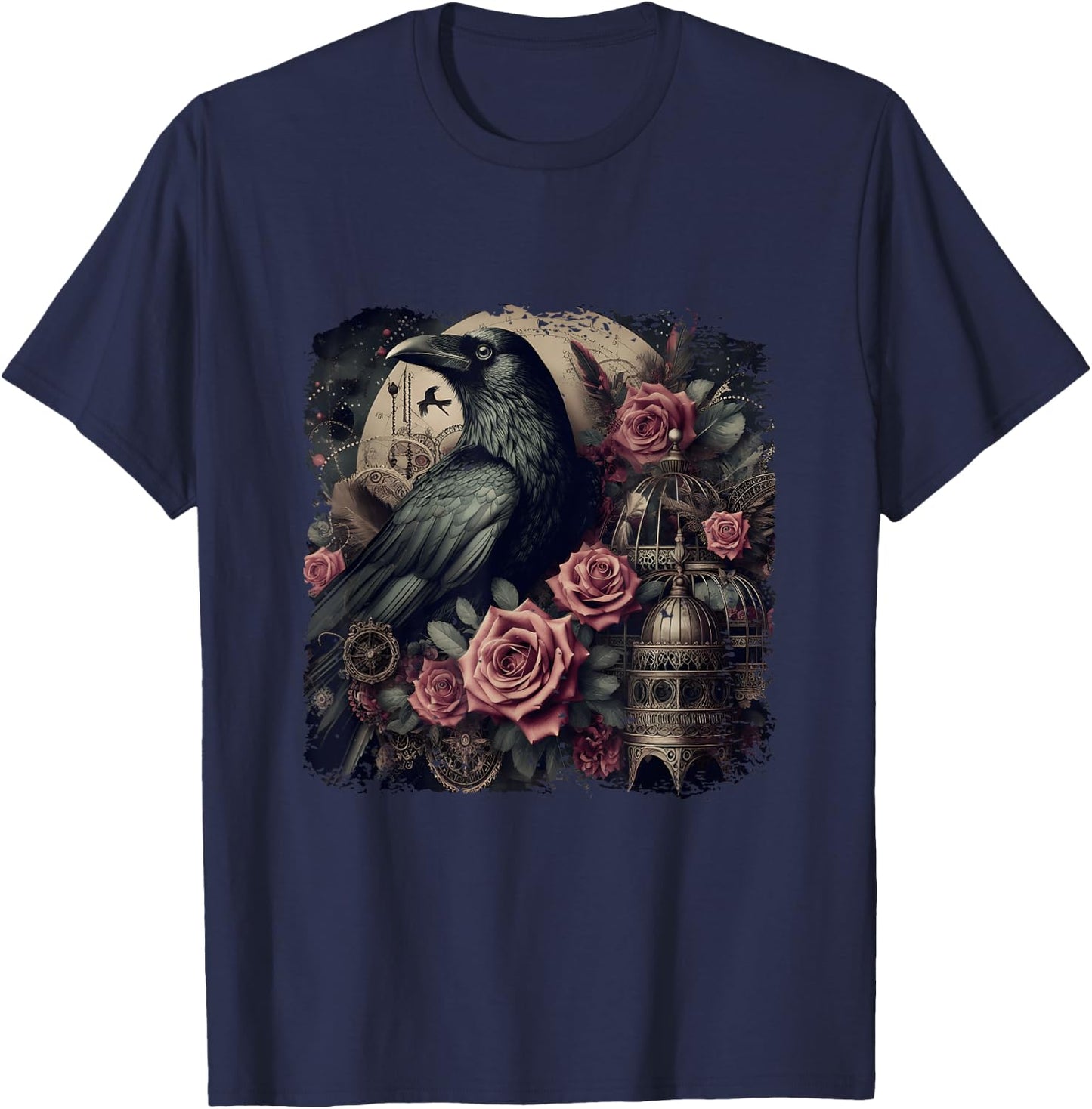 Gothic Raven Rose Enchanted Vintage Floral Crow Halloween T-Shirt - T-Shirt | Navy