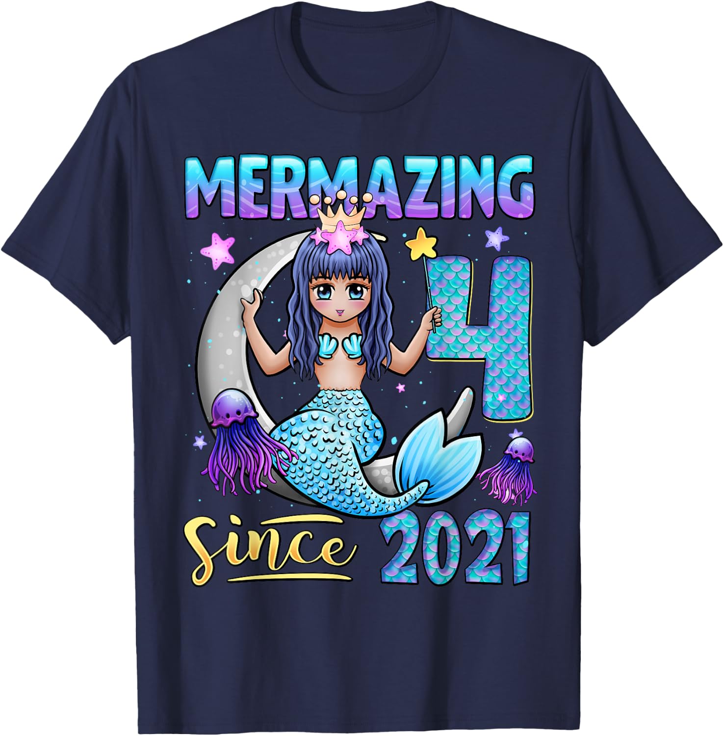 Mermaid Birthday Shirt 4 Years Old Mermaid 4th Birthday Girl T-Shirt - T-Shirt | Navy