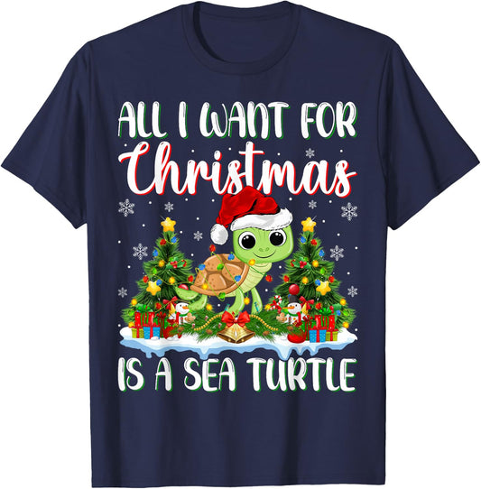 I Want For Christmas Is A Sea Turtle Xmas Tree Lights T-Shirt - T-Shirt | Navy