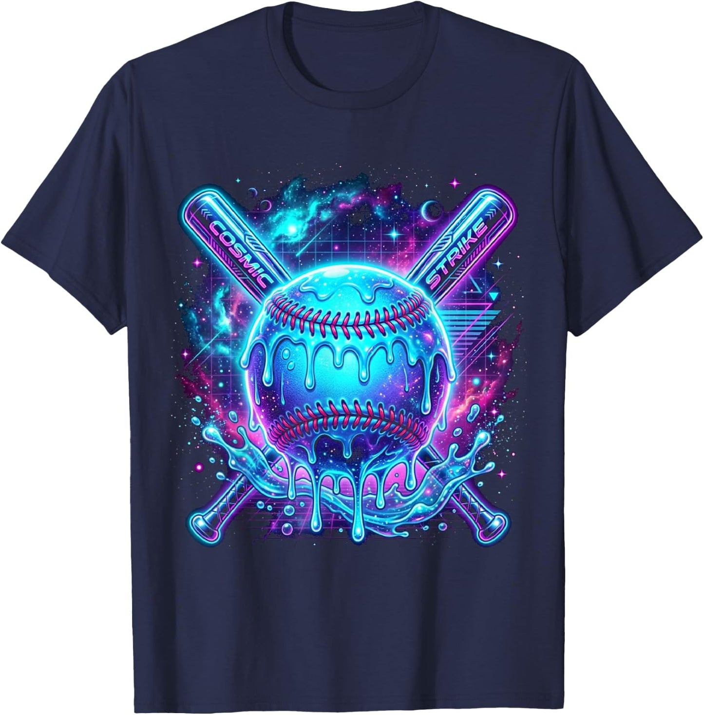 Cosmic Drip Baseball Glow Graphic Blue Vaporwave Aesthetic T-Shirt - T-Shirt | Navy