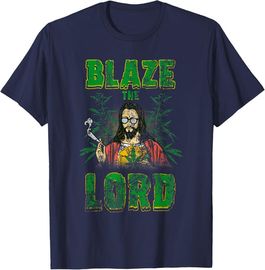 Vintage CBD Cannabis Jesus Shirt Blaze The Lord Funny AF 420 T-Shirt - T-Shirt | Navy