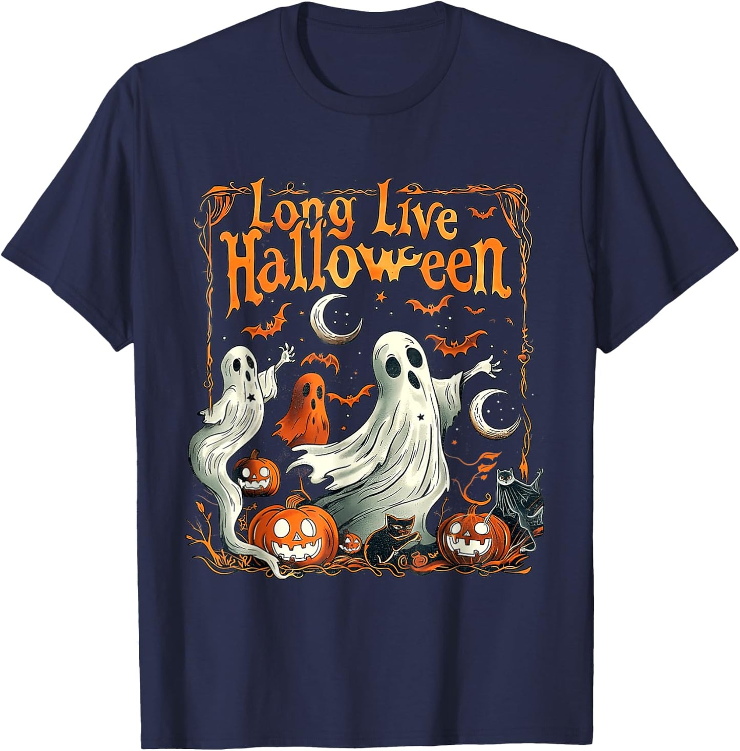 Retro Long Live Halloween Spooky Season Pumpkin Ghost T-Shirt - T-Shirt | Navy