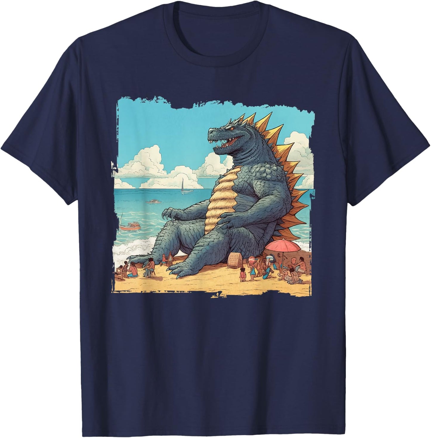 Kaiju on The Beach Suntanning Vacation Ocean Holiday Party T-Shirt - T-Shirt | Navy