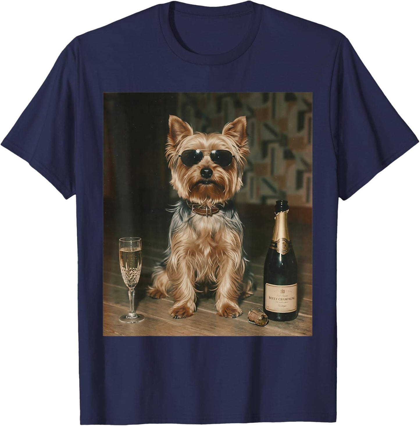 Yorkie Drinking Champagne Funny Father’s Day T-Shirt - T-Shirt | Navy