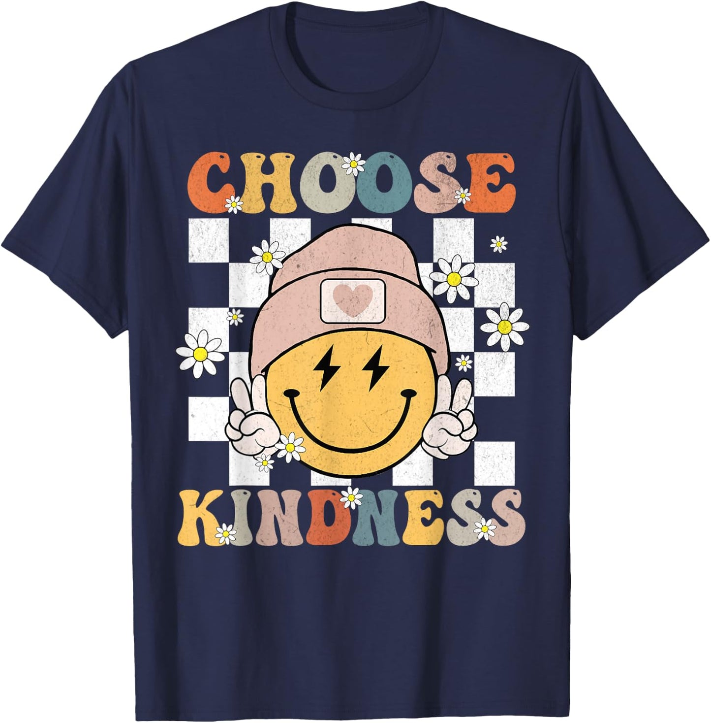 Retro Choose Kindness Smile Face Groovy Be Kind Women Kids T-Shirt - T-Shirt | Navy