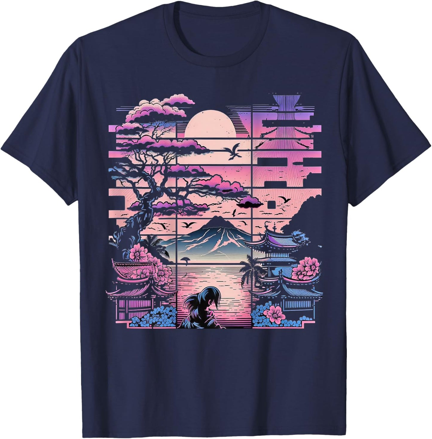 Backprint Japan Aesthetic Vaporwave Cherry Blossom T-Shirt - T-Shirt | Navy