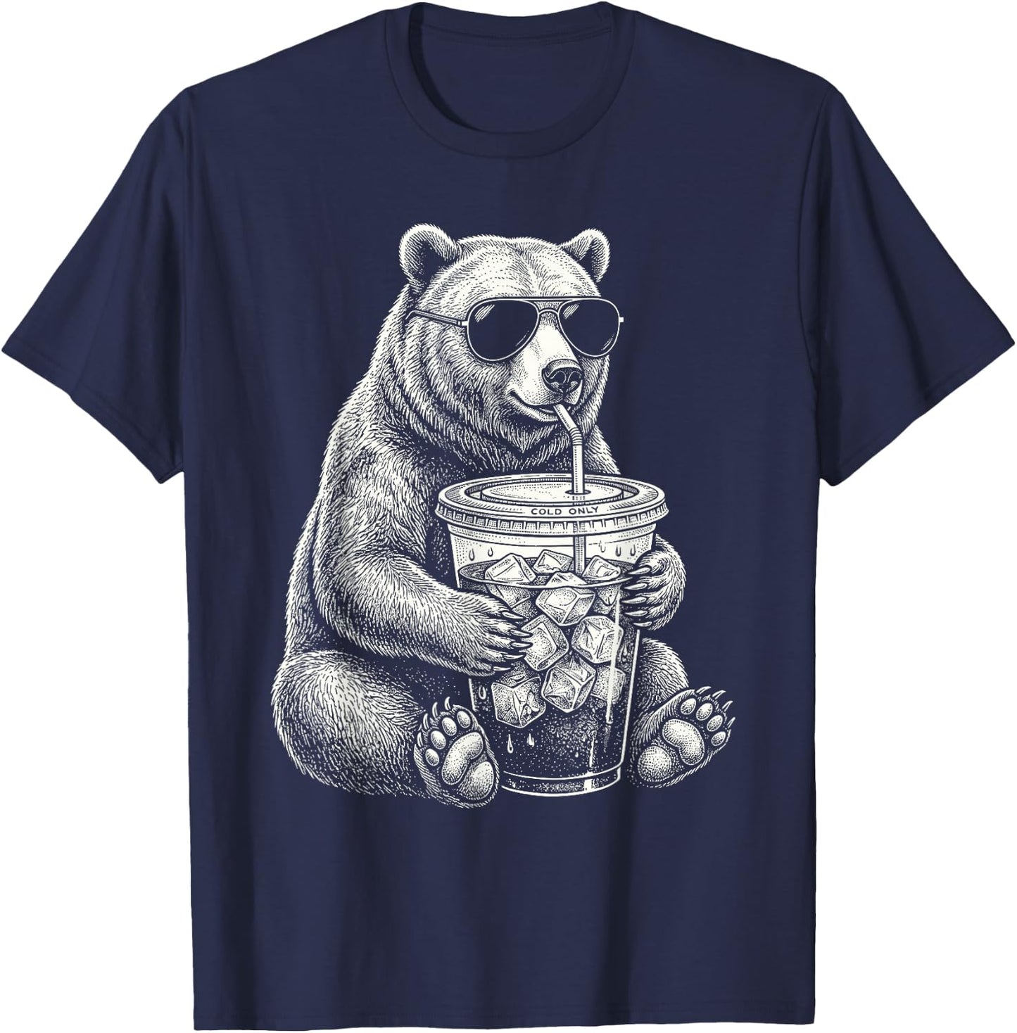 Bear Drinking Iced Coffee Funny Animal Meme Men Women T-Shirt - T-Shirt | Navy