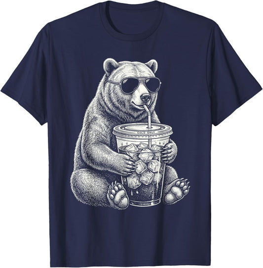 Bear Drinking Iced Coffee Funny Animal Meme Men Women T-Shirt - T-Shirt | Navy