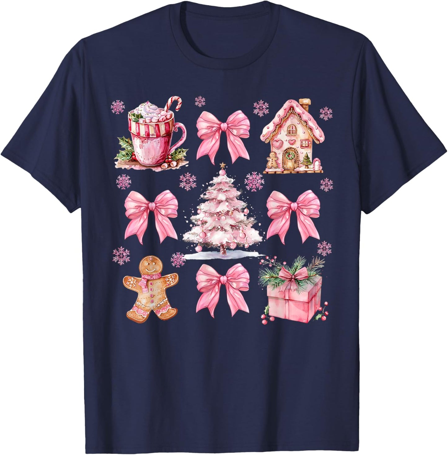 Cute Pink Coquette Bow Gingerbreads Coffee Family Xmas Tree T-Shirt - T-Shirt | Navy