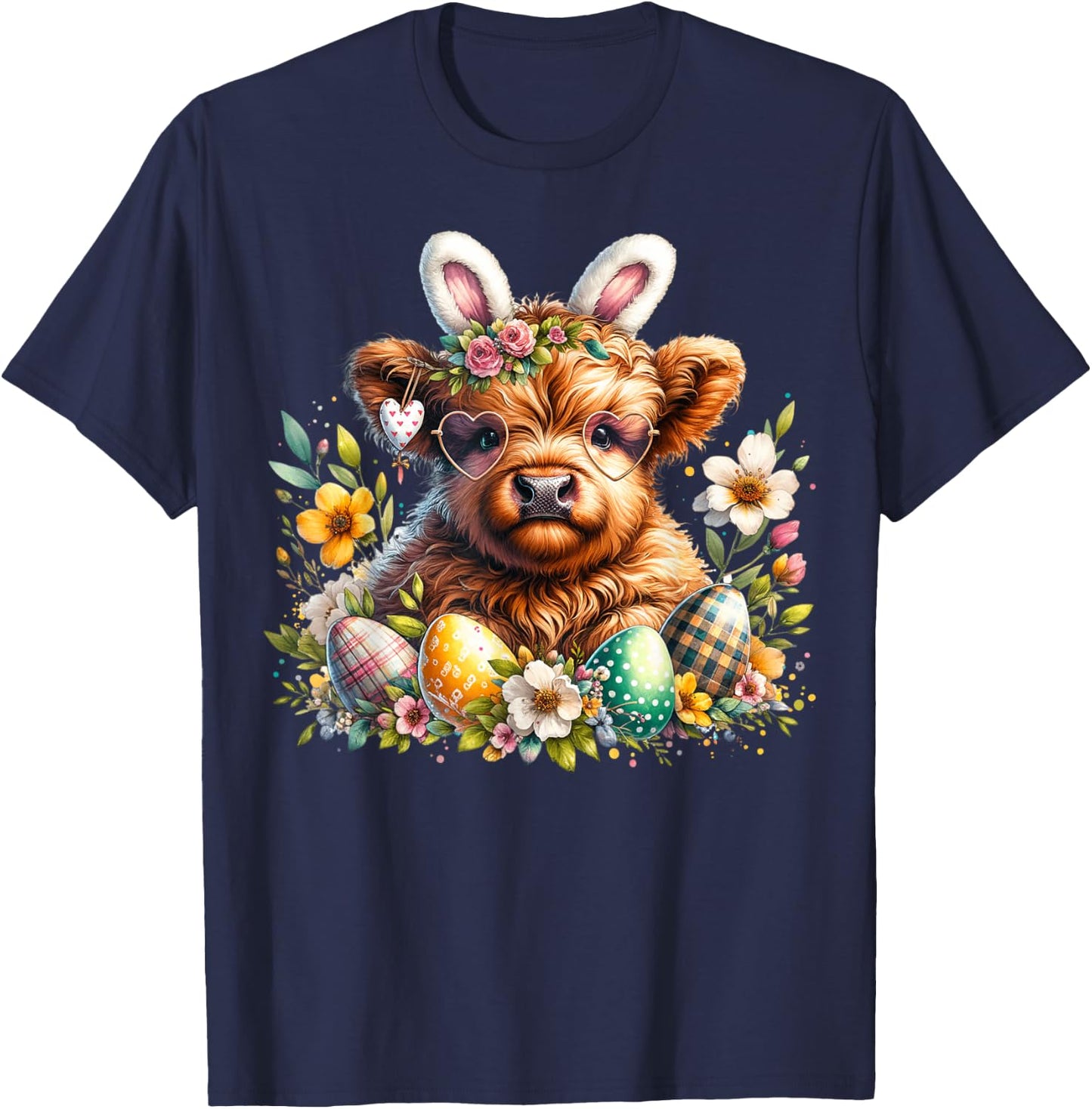 Highland Cow Easter Bunny Moo Basket Egg Floral Women Girls T-Shirt - T-Shirt | Navy