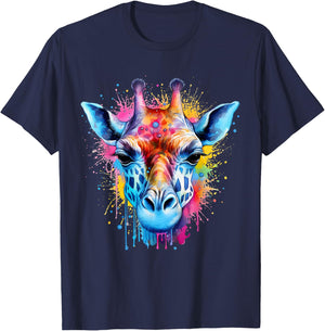 Giraffe Wildlife Artwork Portrait Colorful Splash Savanna T-Shirt - T-Shirt | Navy