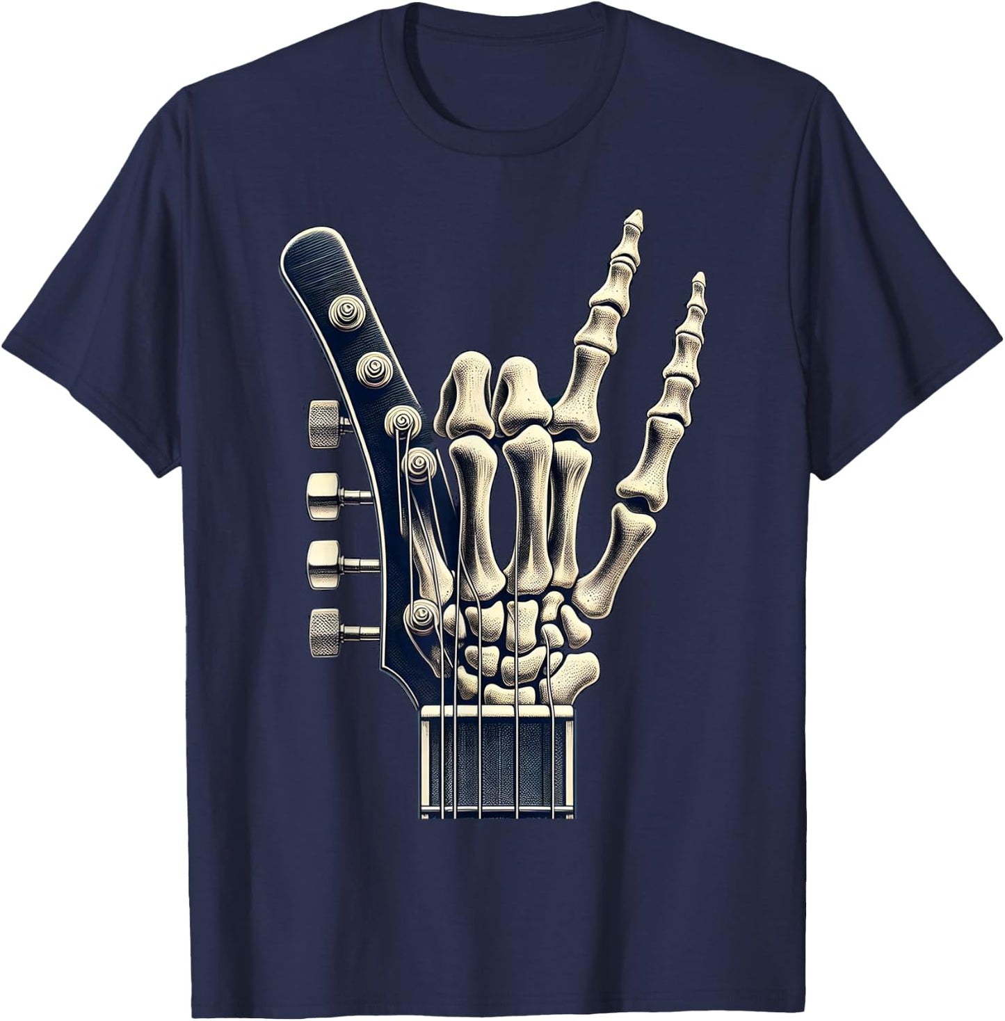 Hand Rock On Skeleton Panel For A Cool Performer , Black, S T-Shirt - T-Shirt | Navy