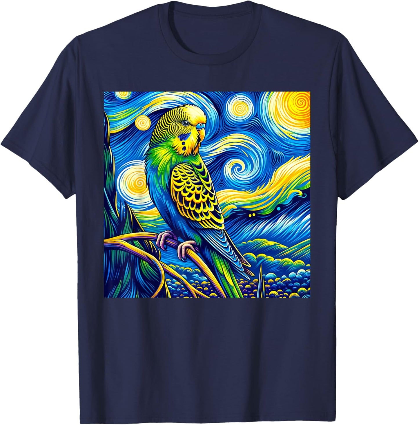 Budgie Parakeet Parrot Budgerigar Bird Starry Night Van Gogh T-Shirt - T-Shirt | Navy