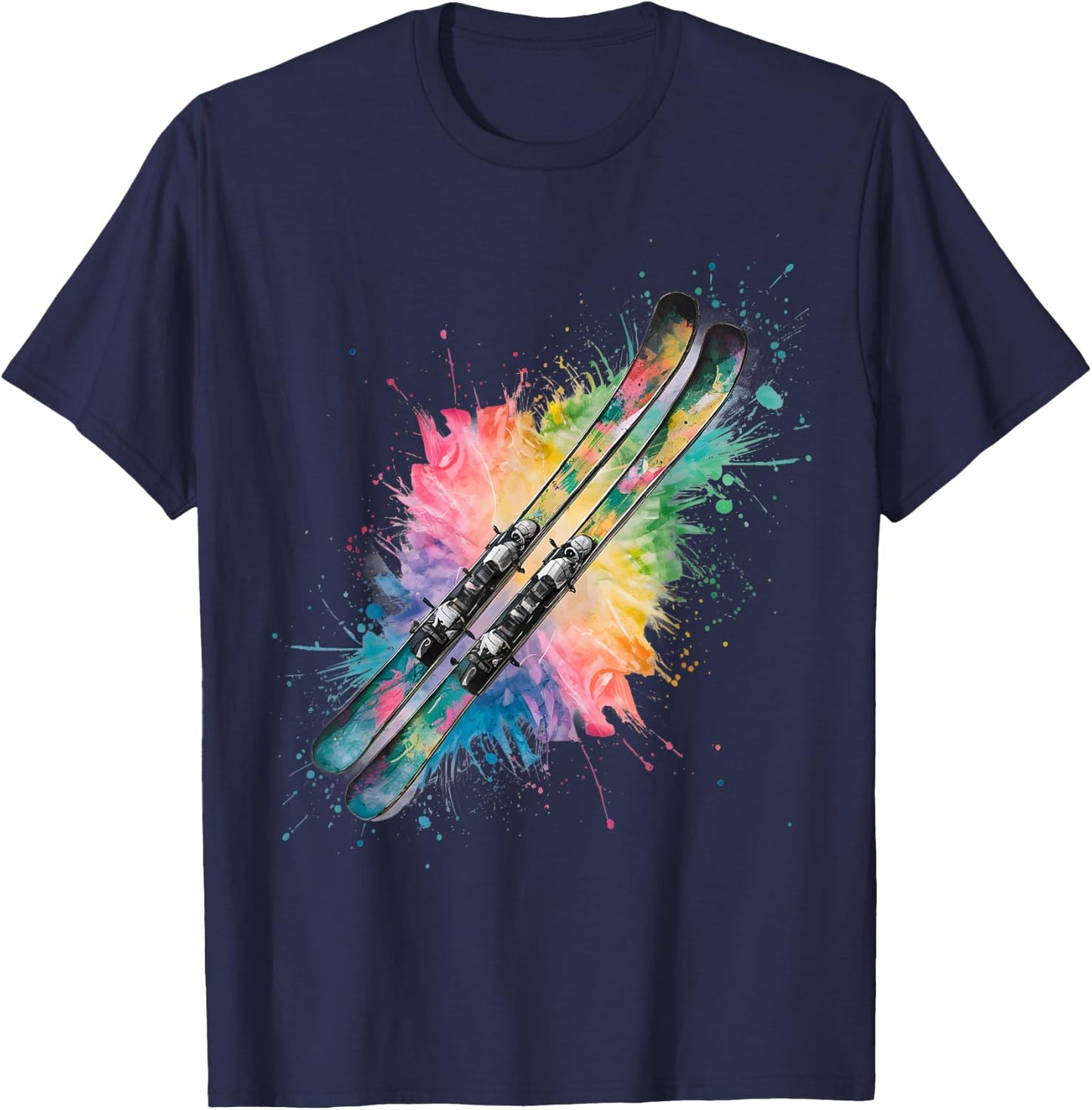 Skifahren Herren Damen Bunt Aquarell Skifahren T-Shirt - T-Shirt | Navy