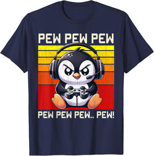 Penguin Gamer Pew Funny Video Games Vintage Boys Men Girls T-Shirt - T-Shirt | Navy