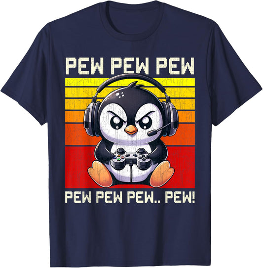 Penguin Gamer Pew Funny Video Games Vintage Boys Men Girls T-Shirt - T-Shirt | Navy