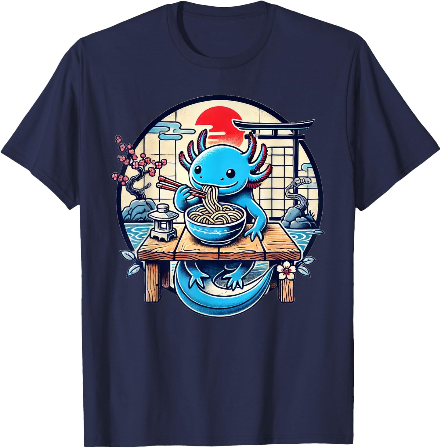 Kawaii Axolotl Eating Ramen Noodles Japanese T-Shirt - T-Shirt | Navy
