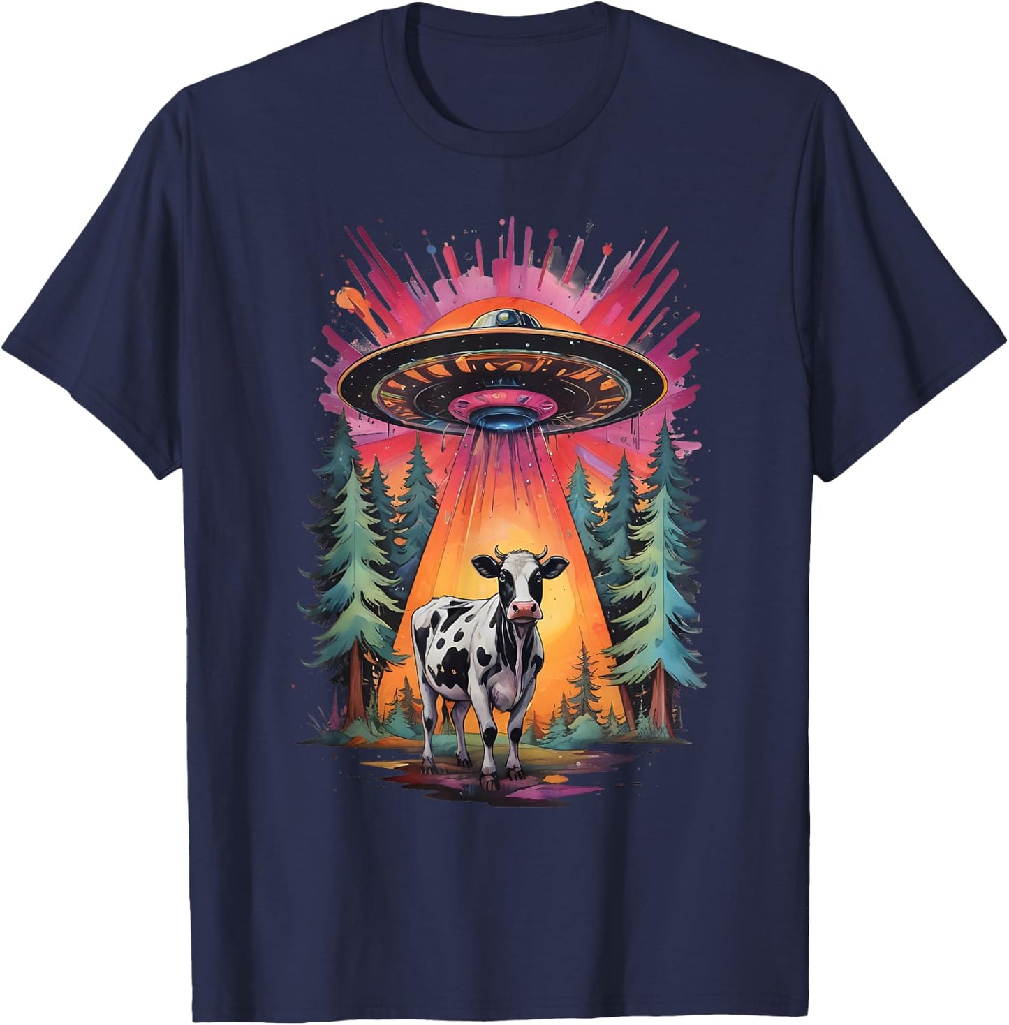 Funny Vintage Retro Graphic Alien UFO Cow Abduction BELIEVE T-Shirt - T-Shirt | Navy