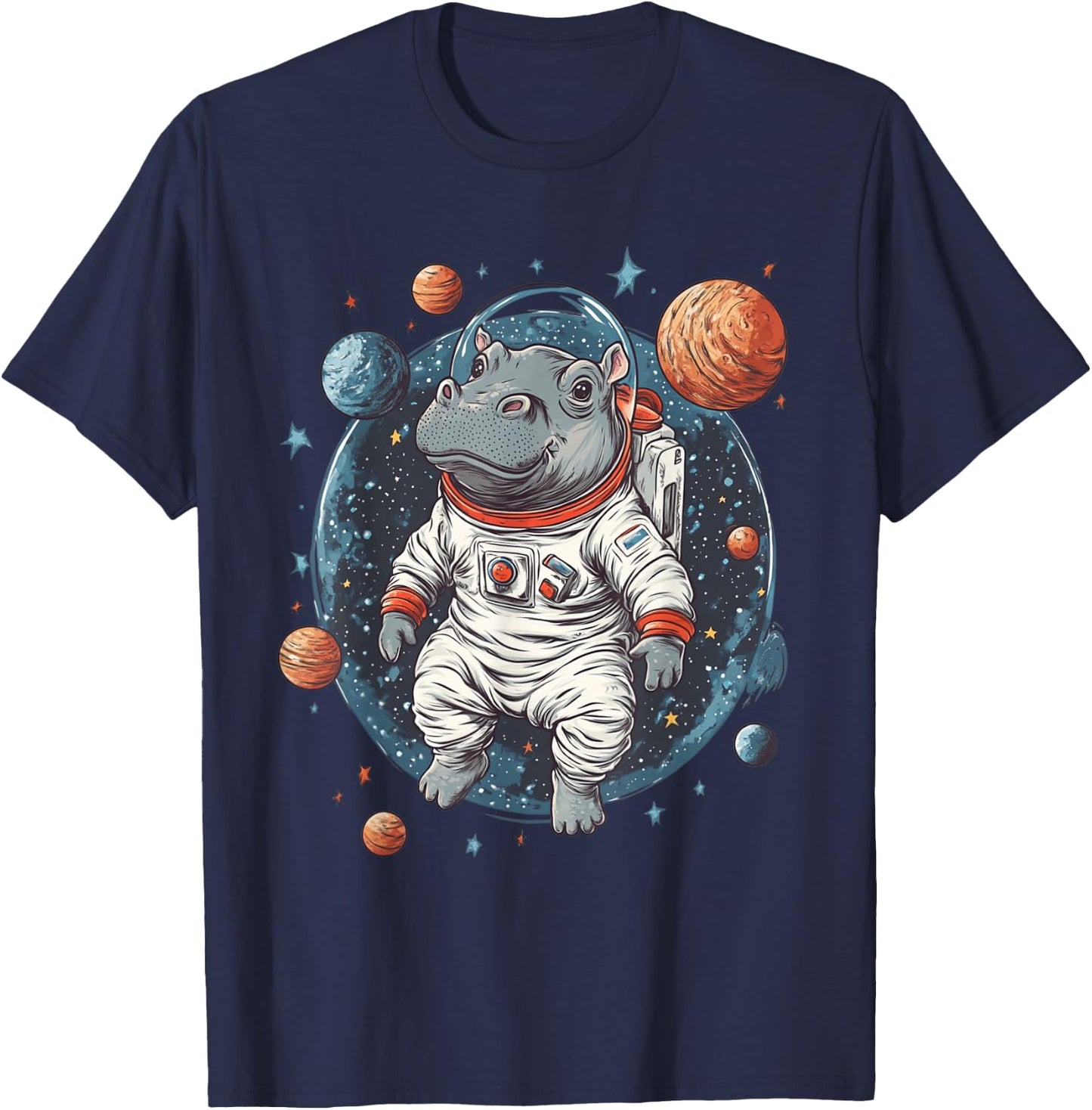 Funny Hippo In Space Planets Hippopotamus T-Shirt - T-Shirt | Navy