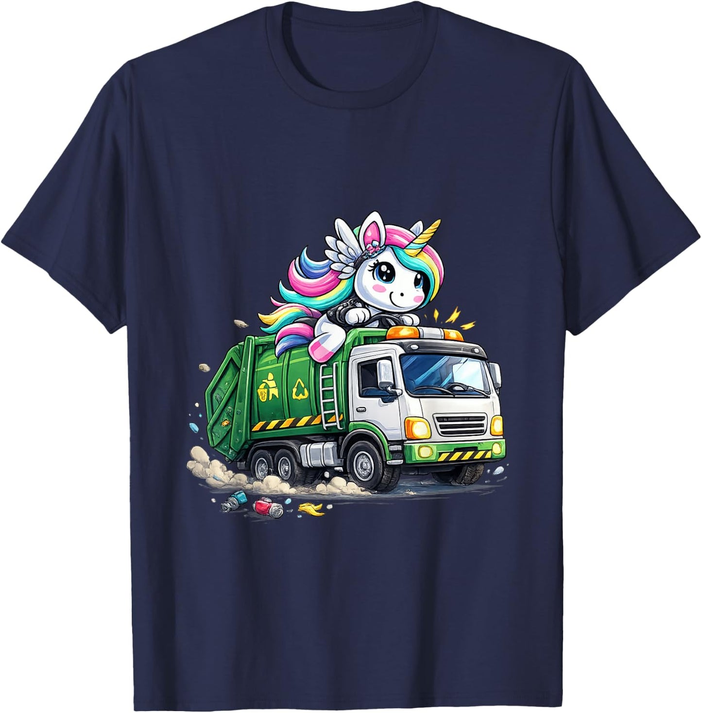 Unicorn Riding Garbage Truck Funny Rainbow T-Shirt - T-Shirt | Navy