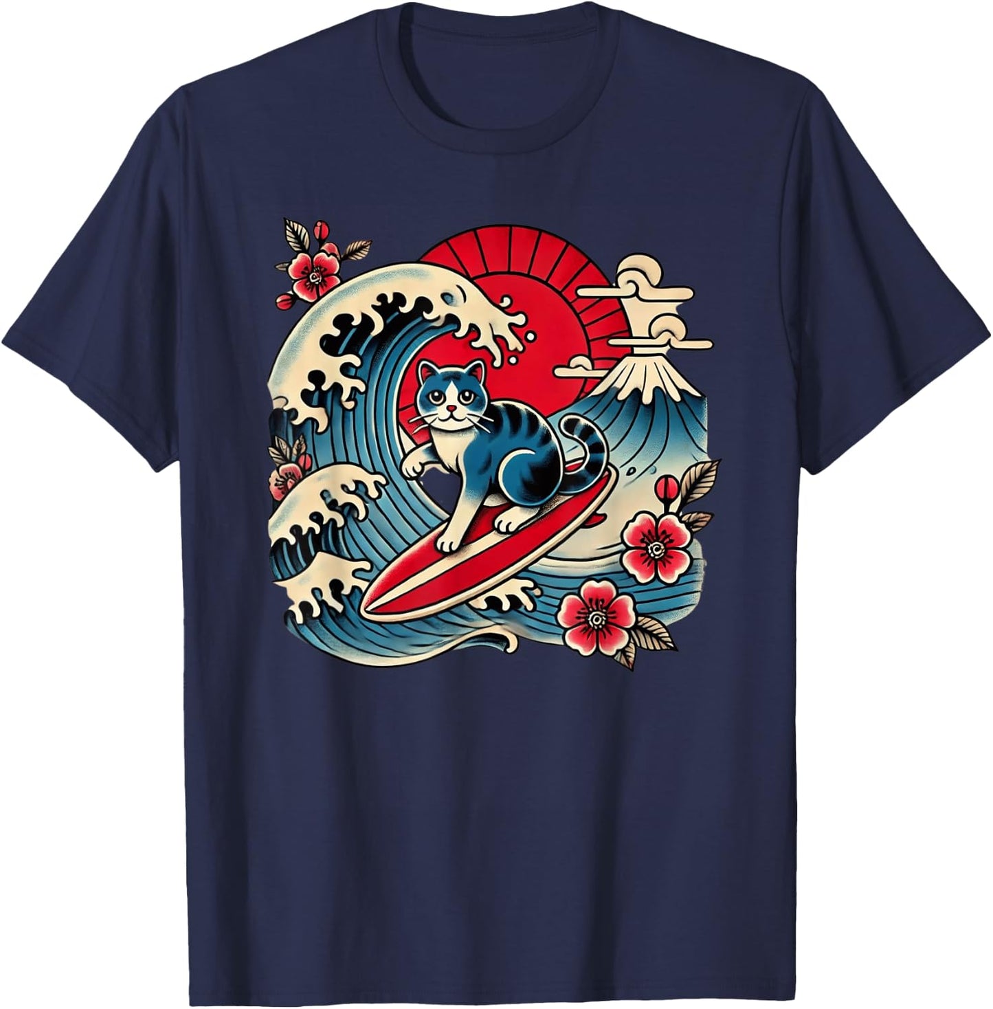 Pet Lover Mt. Fuji Sunset Japanese Wave Art Surfing Cat T-Shirt - T-Shirt | Navy
