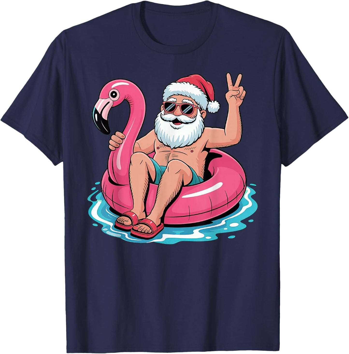 Christmas In July Santa Flamingo Summer Xmas T-Shirt - T-Shirt | Navy