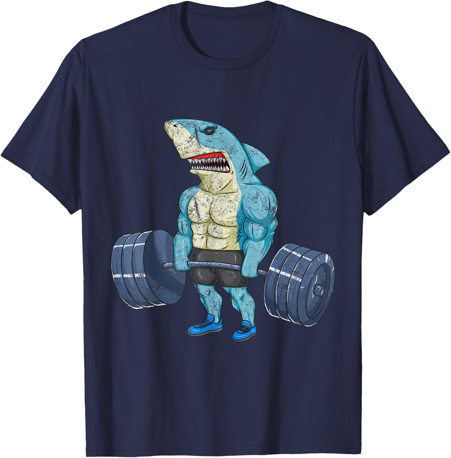 Vintage Shark Weightlifting Bodybuilder Muscle Fitness T-Shirt - T-Shirt | Navy