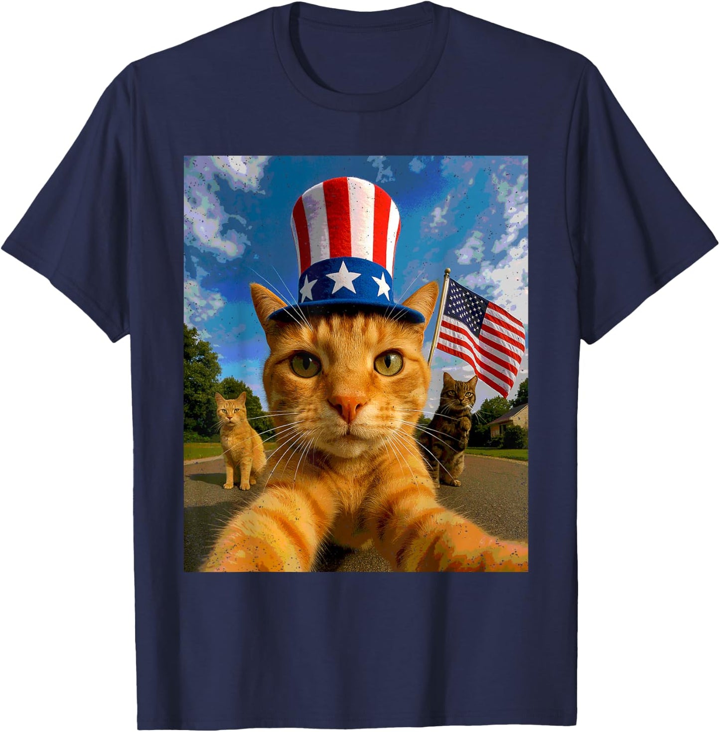 Cat Selfie American Flag 4th Of July Patriotic Kitten Lover T-Shirt - T-Shirt | Navy