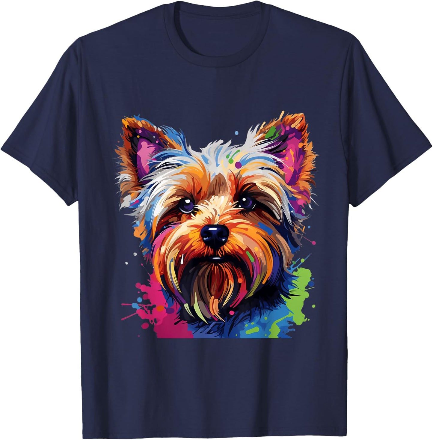 Cool Colorful Yorkshire Terrier Portrait Graphic T-Shirt - T-Shirt | Navy