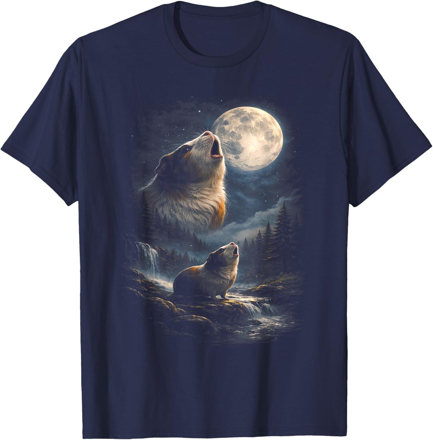 Funny Guinea Pigs Howling at The Moon Funny Pet Guinea Pig T-Shirt - T-Shirt | Navy