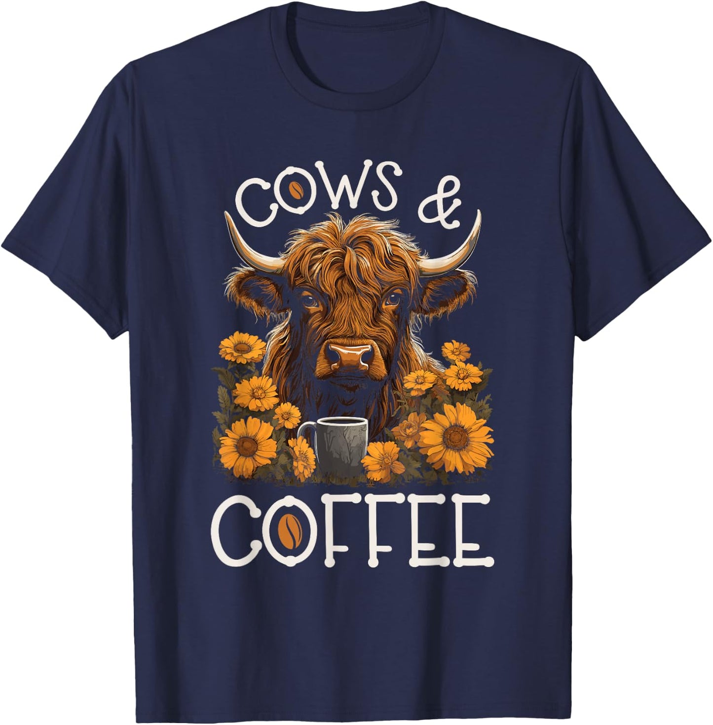 Highland Cow And Coffee, Funny Western Girl Country T-Shirt - T-Shirt | Navy