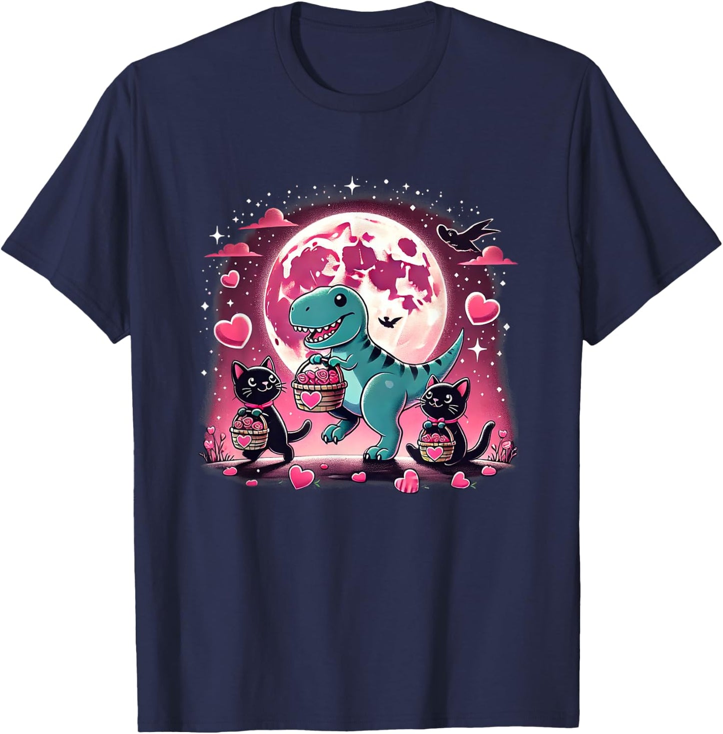 Funny Cats and Dino Valentine’s T-Rex Hearts T-Shirt - T-Shirt | Navy