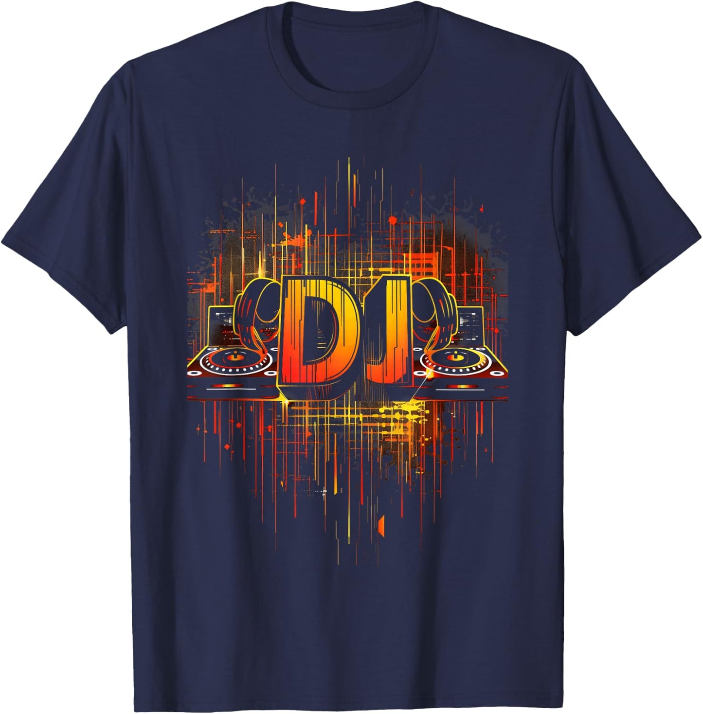 DJ a designer artist with headphones and turntables , Black, S T-Shirt - T-Shirt | Navy