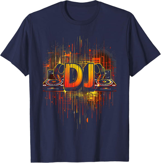 DJ a designer artist with headphones and turntables , Black, S T-Shirt - T-Shirt | Navy