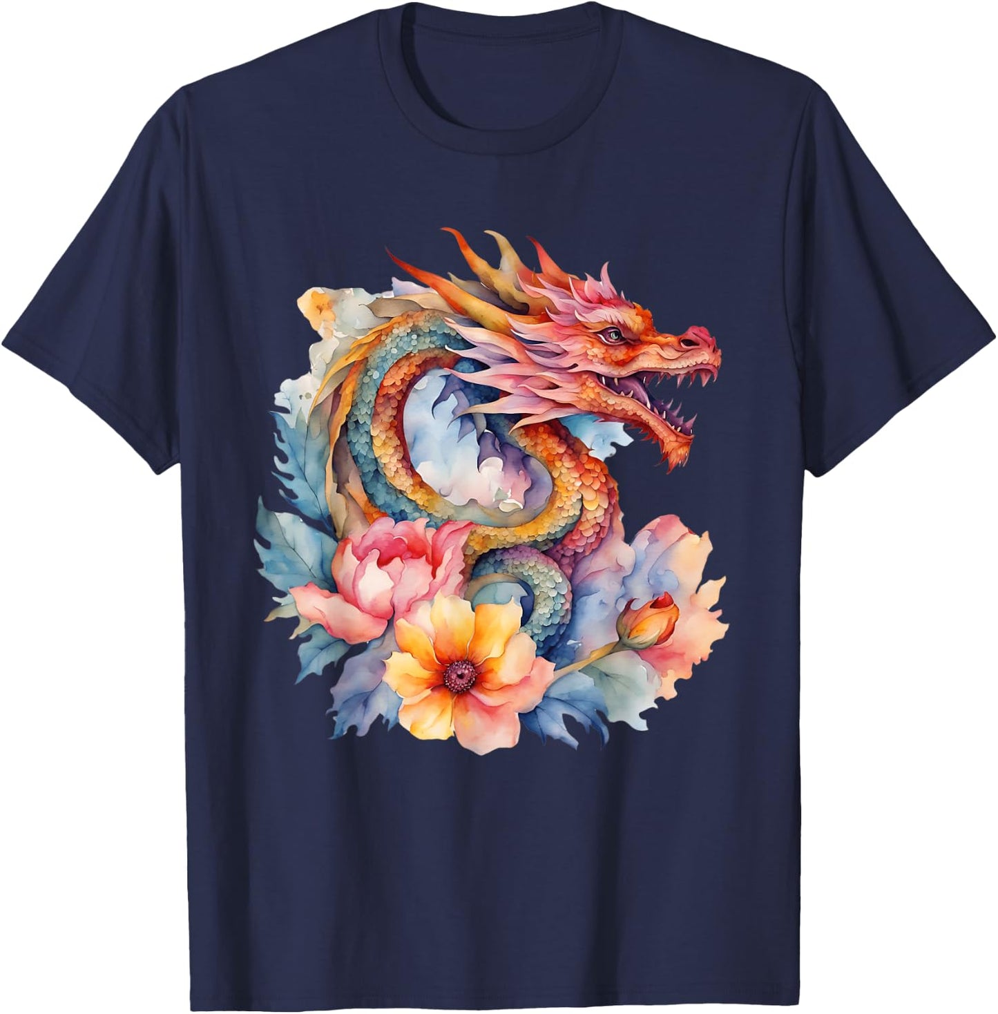 Watercolor Dragon Flowers Beautiful Art Colorful Graphic T-Shirt - T-Shirt | Navy