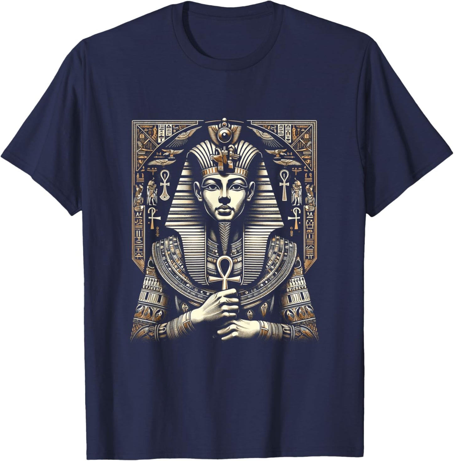 Pharaon égyptien antique avec ankh et coiffe T-Shirt - T-Shirt | Navy