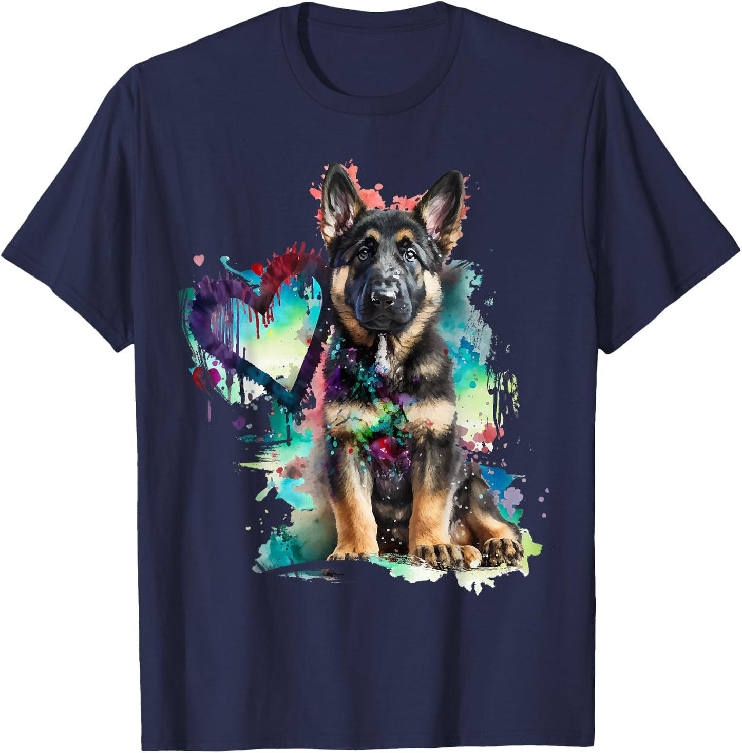 German Shepherd Puppy Mom Lover Watercolor Painting Heart T-Shirt - T-Shirt | Navy