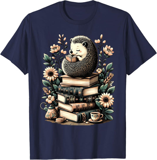 Cute Cottagecore Aesthetic Hedgehog Reading Book Nerd T-Shirt - T-Shirt | Navy