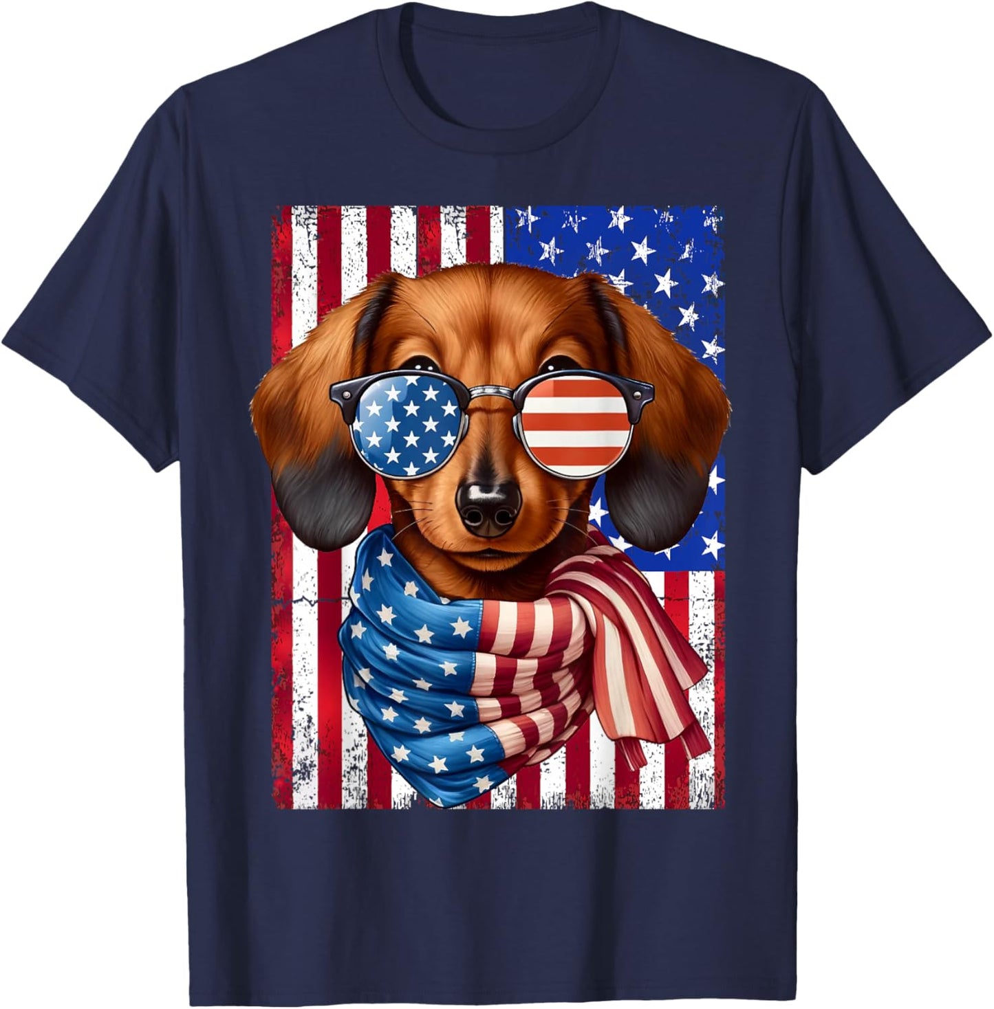 Dachshund Dog USA Flag Sunglasses Patriotic 4th of July Men Women T-Shirt - T-Shirt | Navy
