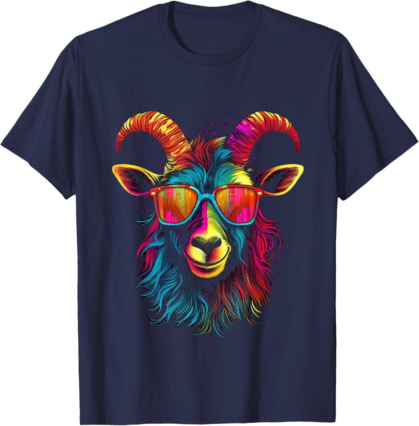 Colorful Goat with Sunglasses Goats Greatest of All Time T-Shirt - T-Shirt | Navy