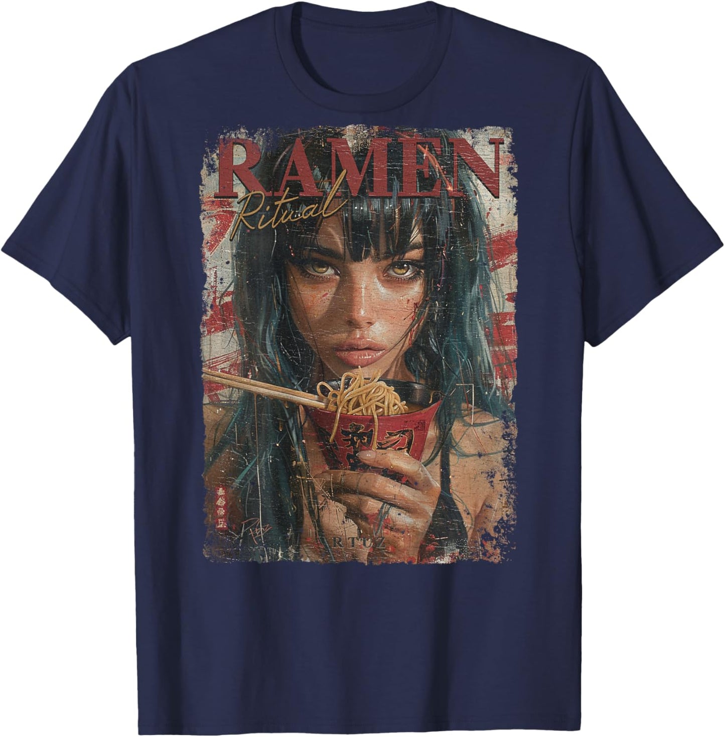 Backprint Pin-up Girl Ramen Noodle Anime Manga Asian Ramen , black T-Shirt - T-Shirt | Navy