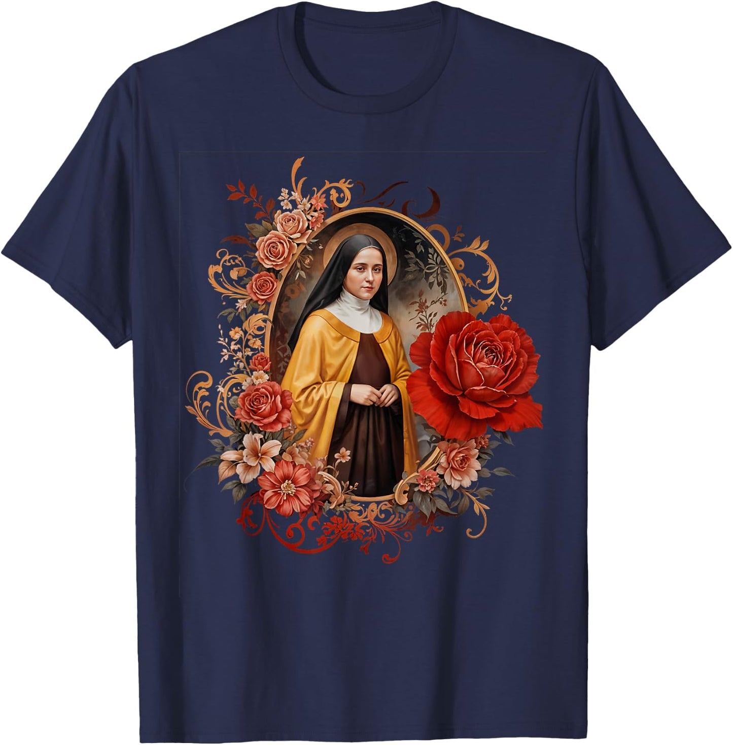 St Therese of Lisieux Little Flower Saint Roses Catholic Art T-Shirt - T-Shirt | Navy