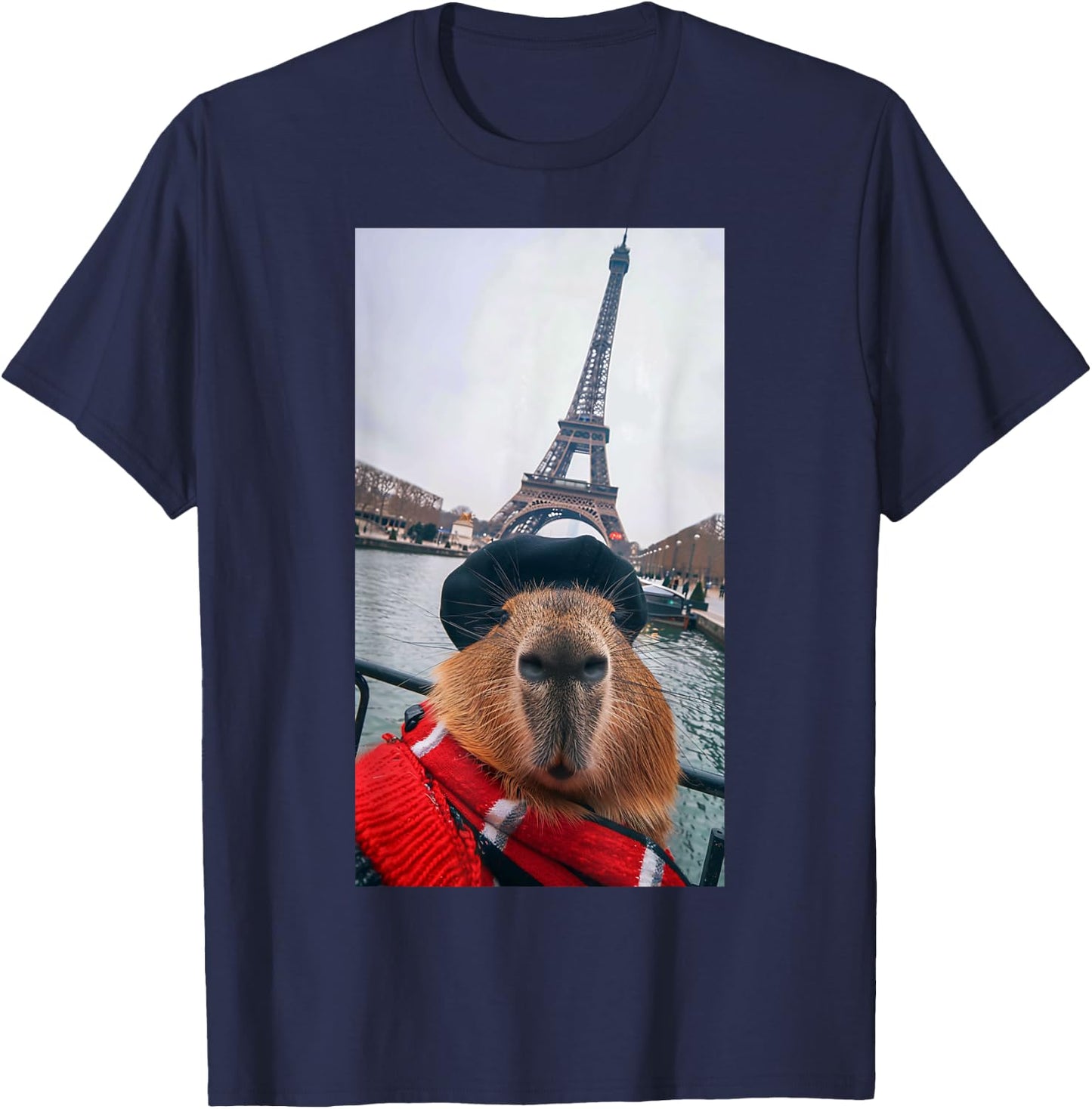Funny Capybara Selfie Paris Eiffel Tower Fashion Men Women T-Shirt - T-Shirt | Navy