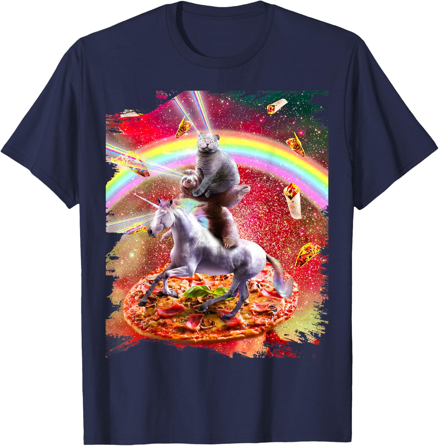 Laser Eyes Space Cat On Sloth Unicorn - Rainbow T-Shirt - T-Shirt | Navy