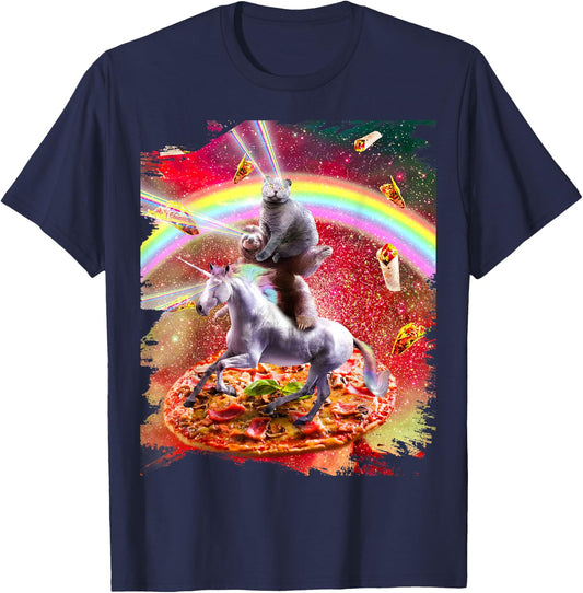 Laser Eyes Space Cat On Sloth Unicorn - Rainbow T-Shirt - T-Shirt | Navy