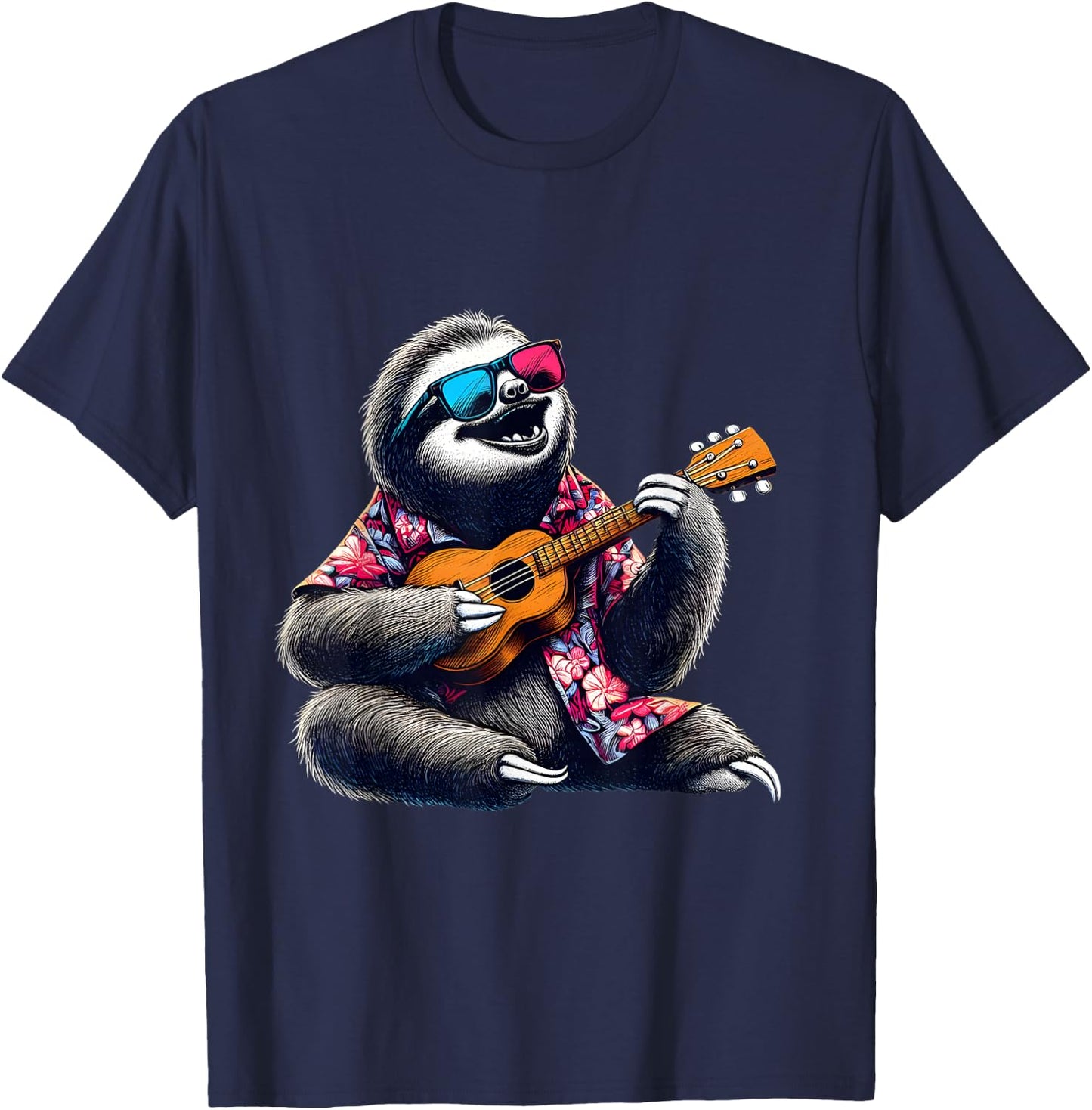 Sloth Wearing a Hawaiian Shirt, Playing a Ukulele T-Shirt - T-Shirt | Navy