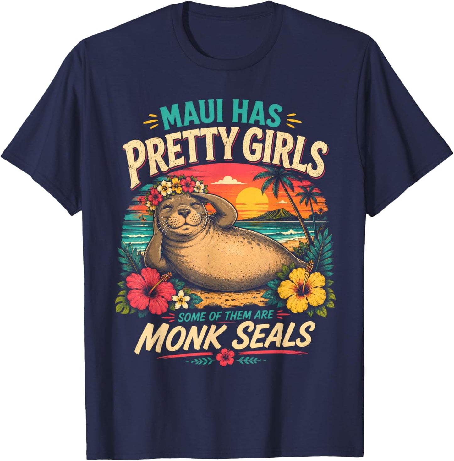 Lani Monk Seal Maui Has Pretty Girls Flower Crown Hawaii T-Shirt - T-Shirt | Navy