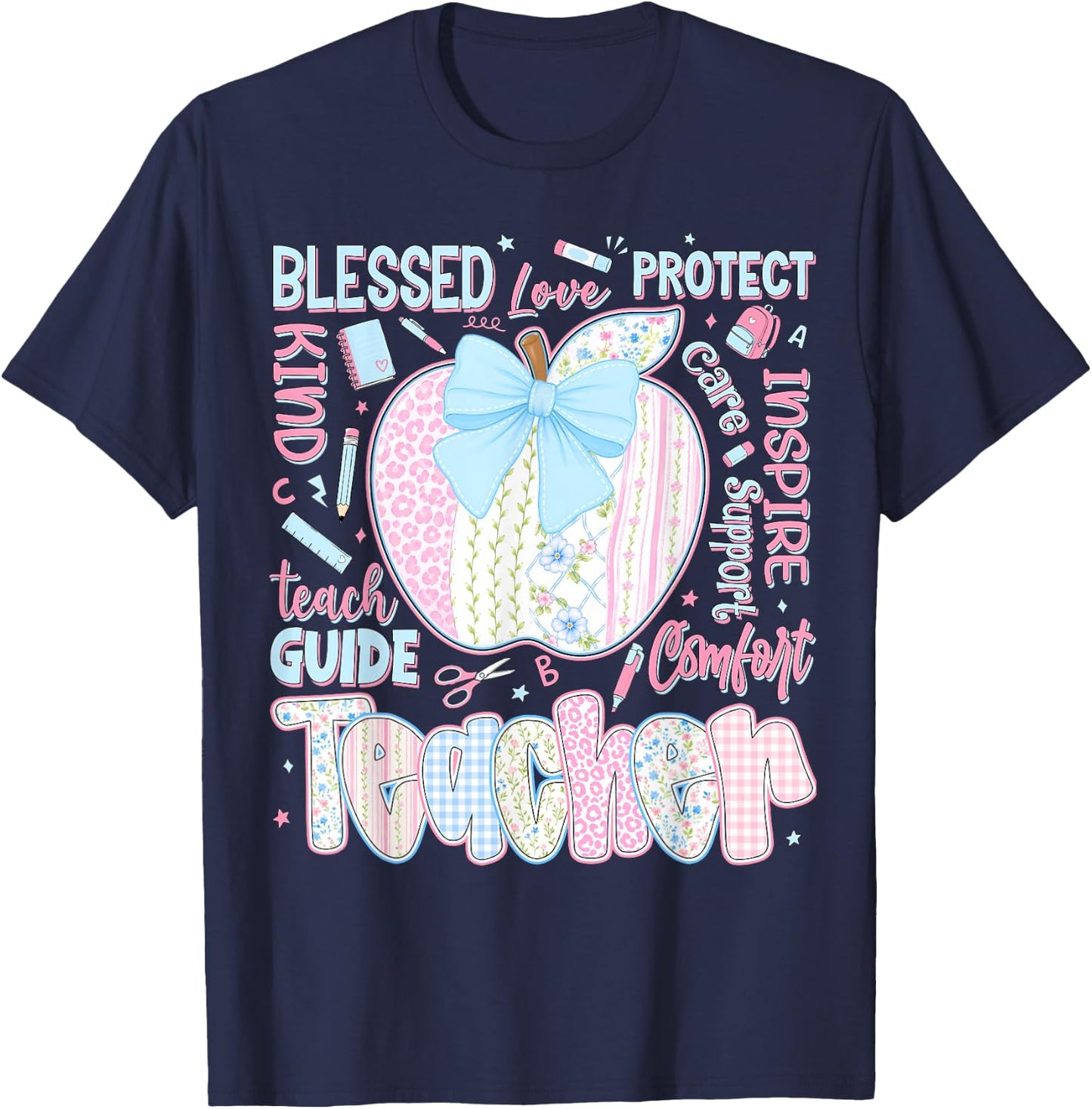 Back to School Teacher Teach Love Inspire Coquette Bow Girls T-Shirt - T-Shirt | Navy