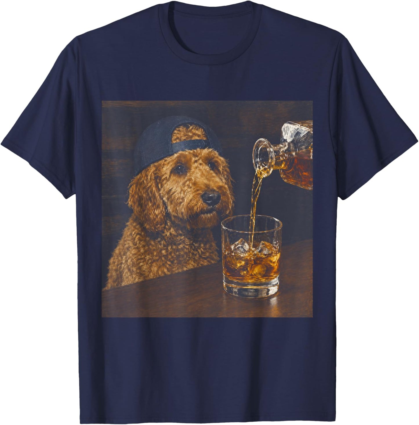 Vintage Goldendoodle Drinking Whiskey Funny Dog Lover T-Shirt - T-Shirt | Navy